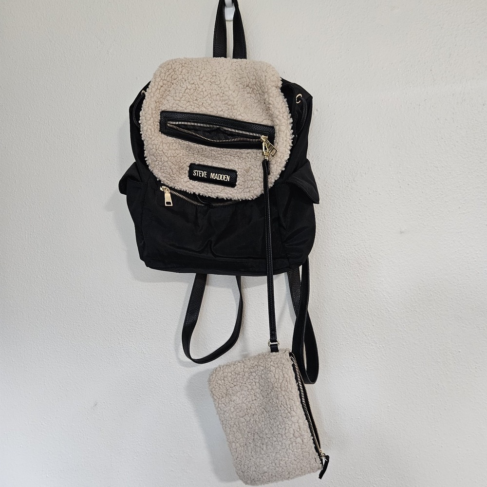 Steve Madden Black Nylon & Sherpa Flap Backpack w/ Detachable Pouch
